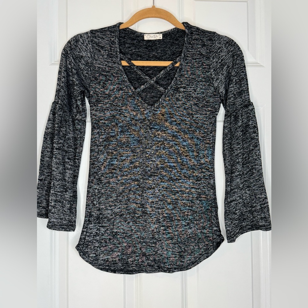 Olivia Rae Black Knit Sweater with crisscross open neck & flare sleeves. Size S